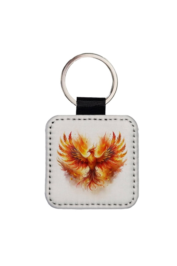 Flaming Phoenix Rising Fantasy Watercolor Faux Leather Square Keychain