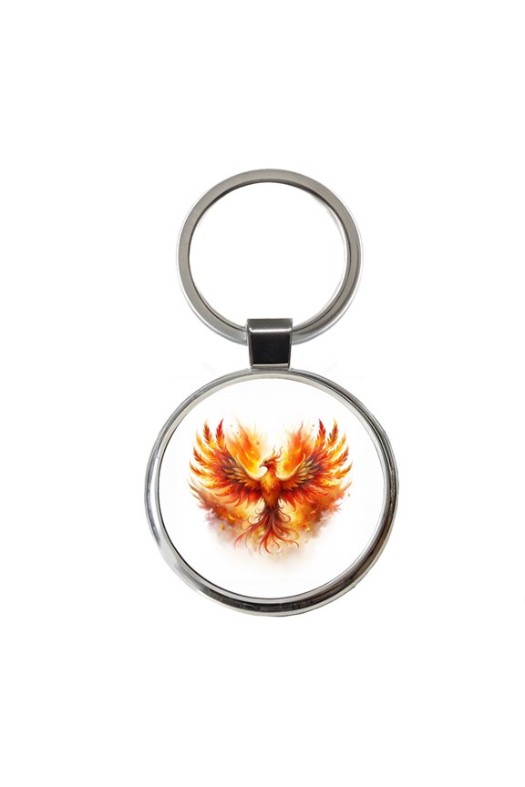 Flaming Phoenix Rising Fantasy Watercolor Metal Round Keychain
