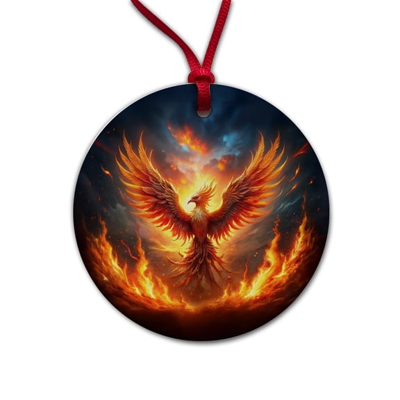 Flaming Phoenix Rising From Ashes Fantasy Bird Christmas Tree Holiday Round Ceramic Ornament