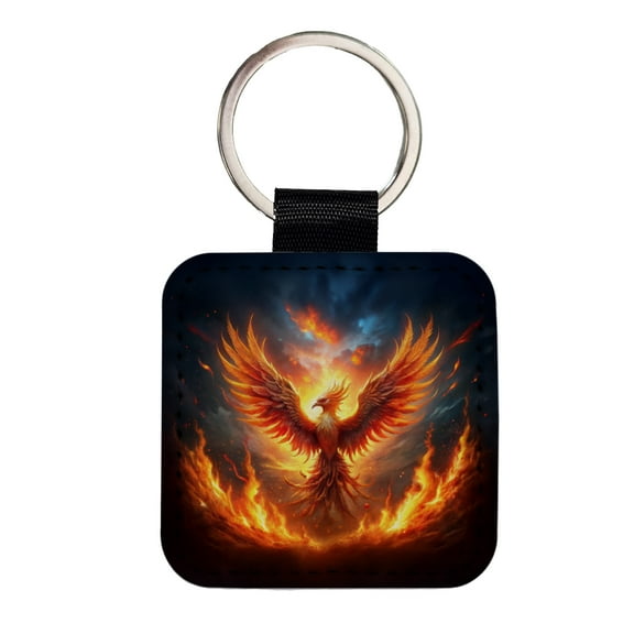 Flaming Phoenix Rising From Ashes Fantasy Bird Faux Leather Square Keychain