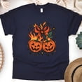thumbnail image 1 of Flaming Pumpkin Graphic T-Shirt | Unisex Spooky Season Outfit, Navy, Size S, 1 of 6