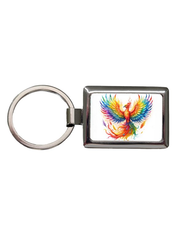 Flaming Rainbow Phoenix Rising Fantasy Watercolor Metal Rectangle Keychain