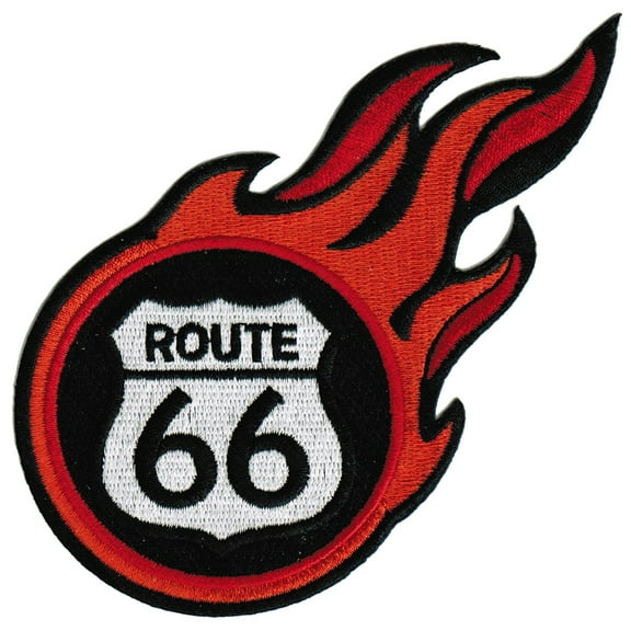Flaming Route 66 Road Sign Embroidered Iron-On Patch