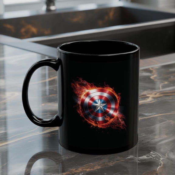 Flaming Shield Emblem Coffee Mug: Red White Blue Star Design