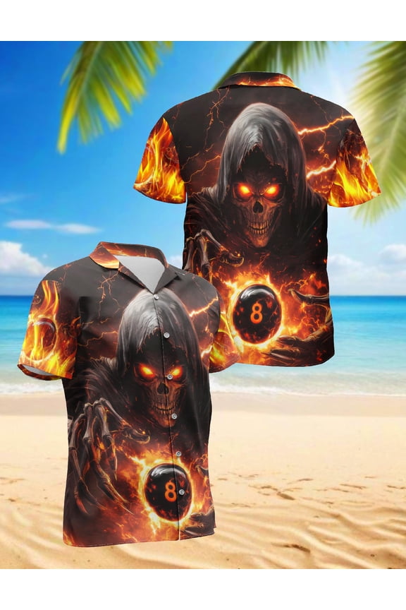 Flaming Skull 8 Ball Hawaiian Shirt for Men, Dark Pool Style, Button Down Summer Beach Short Sleeve, S-5XL