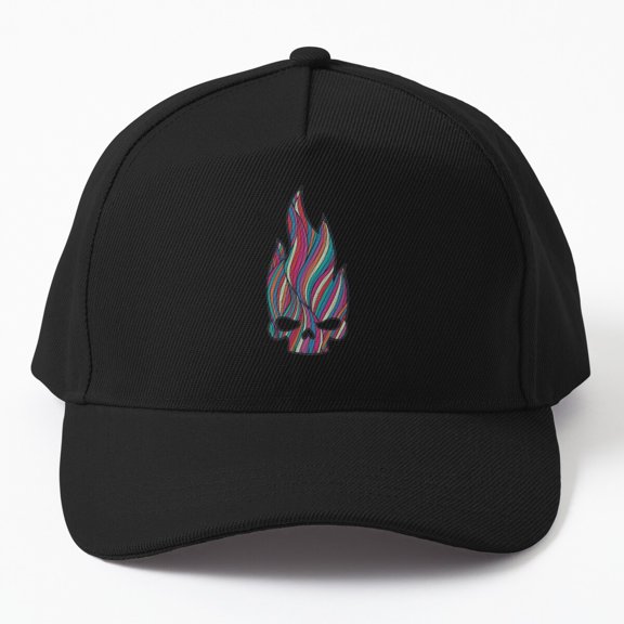 Flaming Skull Baseball Hat, Distressed Retro Fire Pattern Graphic Design, Classic Cap