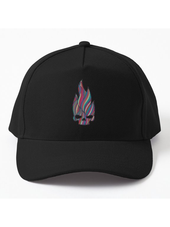 Flaming Skull Baseball Hat, Distressed Retro Fire Pattern Graphic Design, Classic Cap