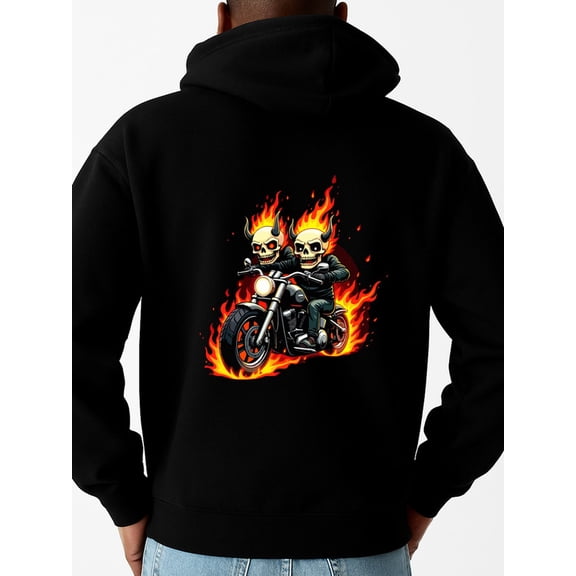 Flaming Skull Biker hoodies & sweatshirt fire skeleton mens machine washable black Casual Solid Basic Hooded Sweatshirt Streetwear For Winter Fall, As Gifts halloween fire idk
