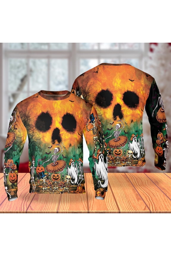 Flaming Skull Halloween 3D Sweatshirt, Dancing Skeleton Ghost Pullover, Fiery Pumpkin Horror Night Crewneck for Men Women