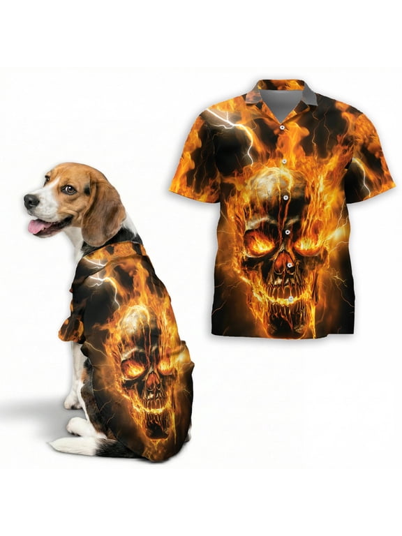 Flaming Skull Hawaiian Shirt, Fire Skull Lightning Graphic Button Down Shirt for Adults or Dogs, Short Sleeve Polyester Summer Shirt