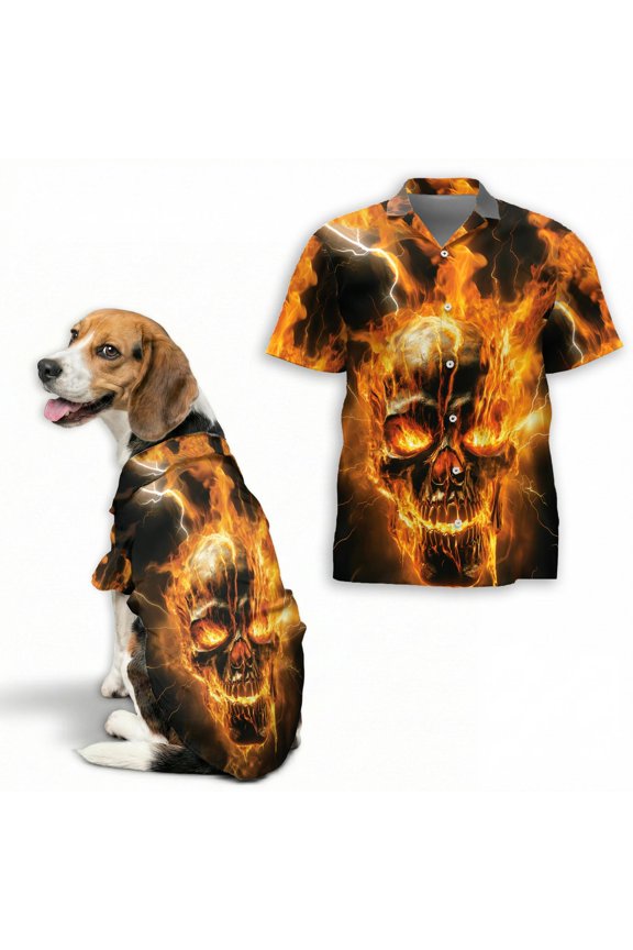 Flaming Skull Hawaiian Shirt, Fire Skull Lightning Graphic Button Down Shirt for Adults or Dogs, Short Sleeve Polyester Summer Shirt