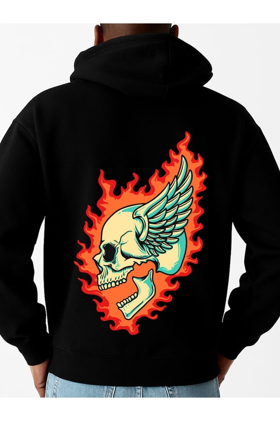 Flaming Skull Hoodie sweatshirt for men machine washable black Casual Outdoor Jogging & Fitness Training Pullover, Regular Fit, Hooded Design, Comfortable Pullover comfortable Unique Design Unisex S