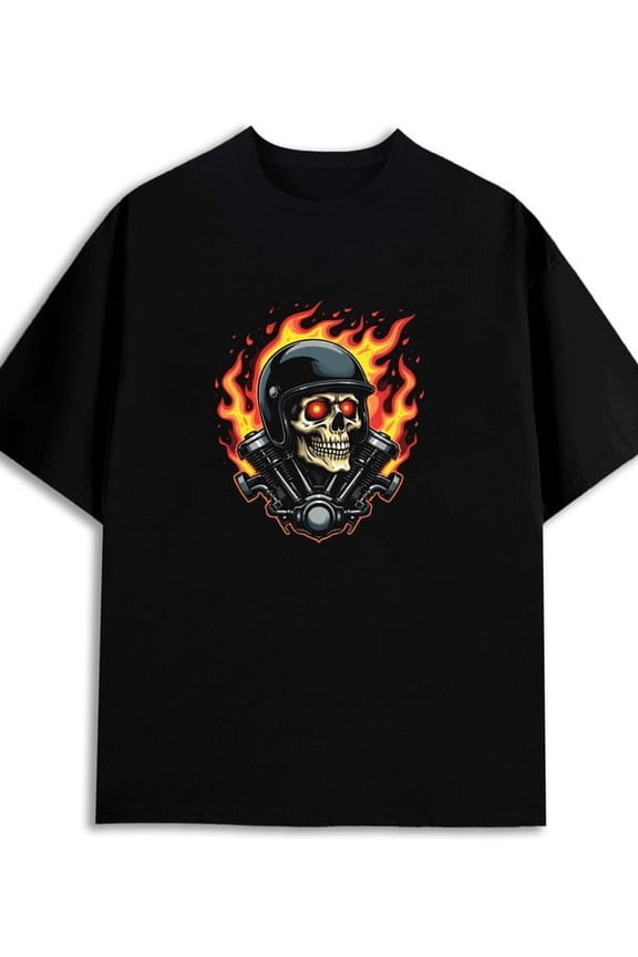 Greenink Flaming Skull T-Shirt for men 180G Cotton black Basic Unisex Shirt Crewneck tshirts Original Unisex Shirt Graphic Tee tshirts Fashion Unisex Shirt Printed tshi