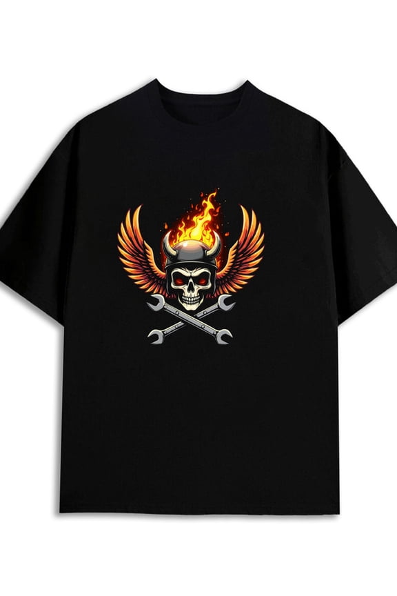 Flaming Skull T-Shirt for men 180G 100% Cotton black Funny Unisex Shirt Short Sleeve tshirts Funny Unisex Shirt Printed tshirts Retro Unisex Shirt Printed tshirts