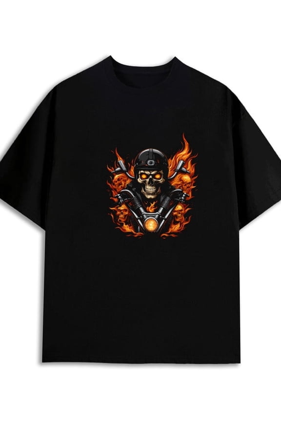 Flaming Skull T-Shirt men's 180G 100% Cotton black Trendy Unisex Shirt Crewneck tshirts Retro Unisex Shirt Cotton tshirts Original Unisex Shirt Crewneck tshirts