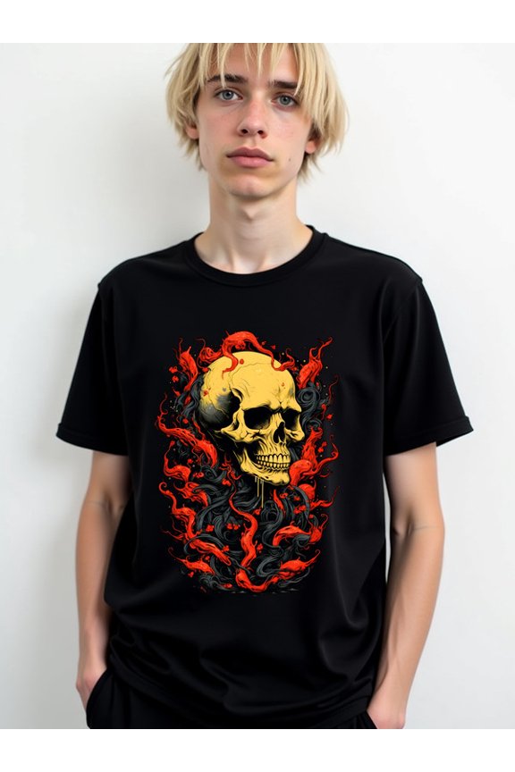 Flaming Skull T-Shirt men's t-shirt black funny elegant Regular fit, everyday comfort, relaxed and urban style Original Unisex Shirt Printed tshirts