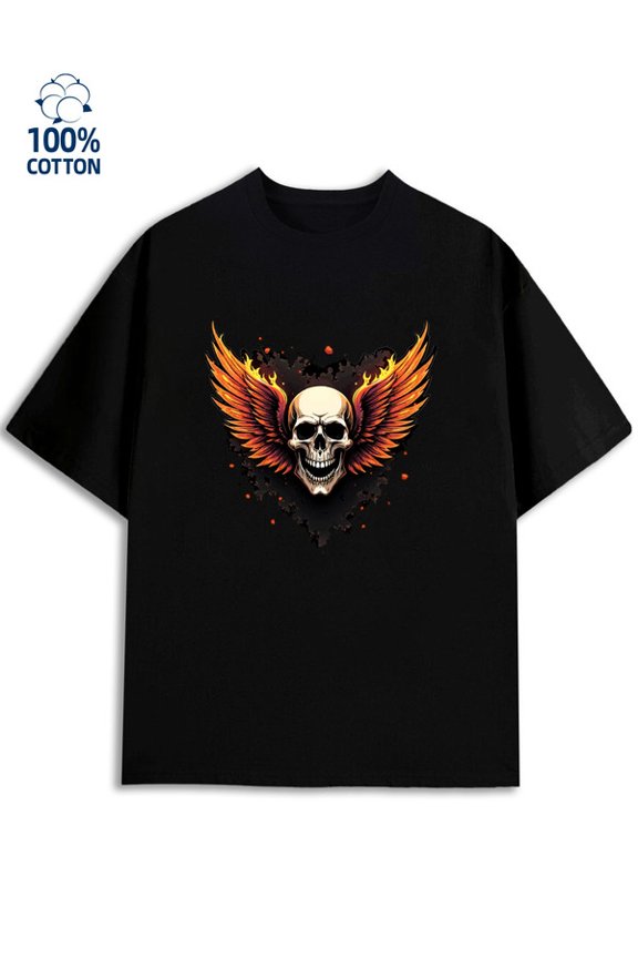 Flaming Skull Tee for men 180G 100% Cotton black Casual Unisex Shirt Short Sleeve tshirts Fashion Unisex Shirt Graphic tshirts Classic Unisex Shirt Printed tshirts Retro Unisex Shirt Cotton tshirts