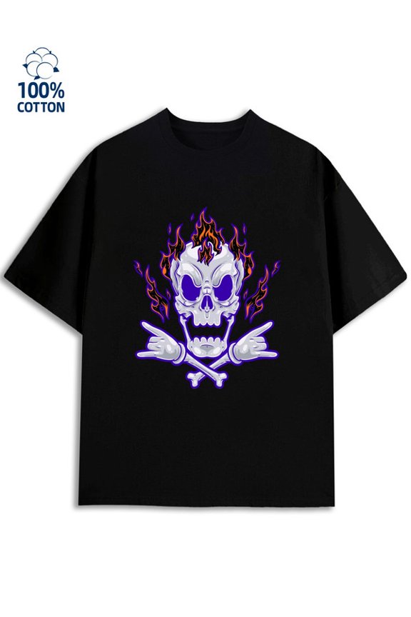 Flaming Skull Tee for men 180G 100% Cotton black Funny Unisex Shirt Printed tshirts Funny Unisex Shirt Short Sleeve tshirts Retro Unisex Shirt Short Sleeve tshirts Trendy Unisex Shirt Printed tshirts