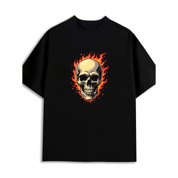 Greenink Flaming Skull Tee men's 180G Cotton black Fashion Unisex Shirt Printed tshirts Unique Design Unisex Shirt Printed tshirts Vintage Unisex Shirt Cotton tshirts