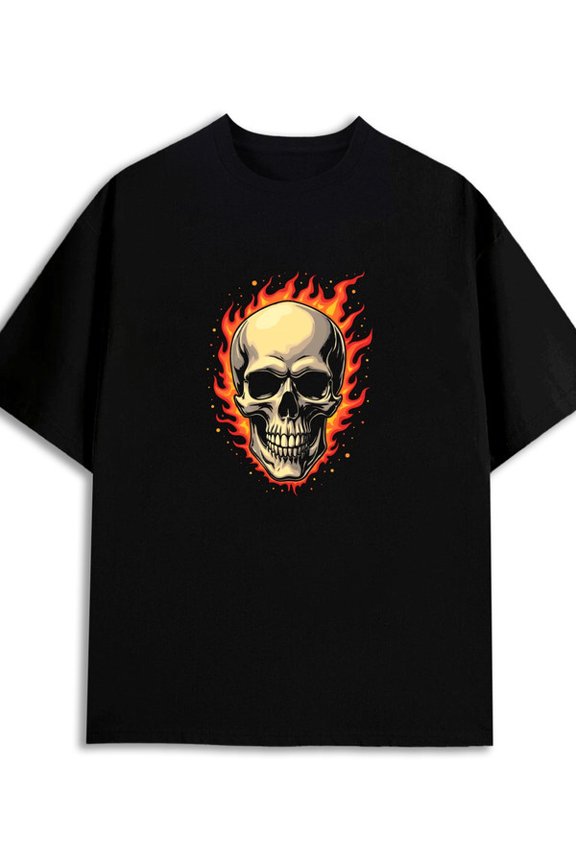Flaming Skull Tee men's 180G 100% Cotton black Fashion Unisex Shirt Printed tshirts Unique Design Unisex Shirt Printed tshirts Vintage Unisex Shirt Cotton tshirts
