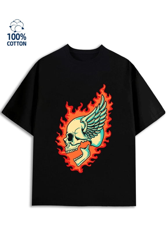 Flaming Skull Tee men's 180G 100% Cotton black Funny Unisex Shirt Short Sleeve tshirts Casual Unisex Shirt Graphic Tee tshirts Vintage Unisex Shirt Graphic tshirts Funny Unisex Shirt Crewneck tshirts