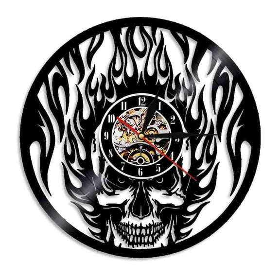 Flaming Skull Wall Clock Skull Head On Fire Wall Art Vinyl Record Wall Clock Fire Burning Skeleton Halloween Decorative Clock Without LED