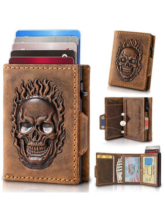 Flaming Skull Wallet for Men Pop Up RFID Trifold, Tan