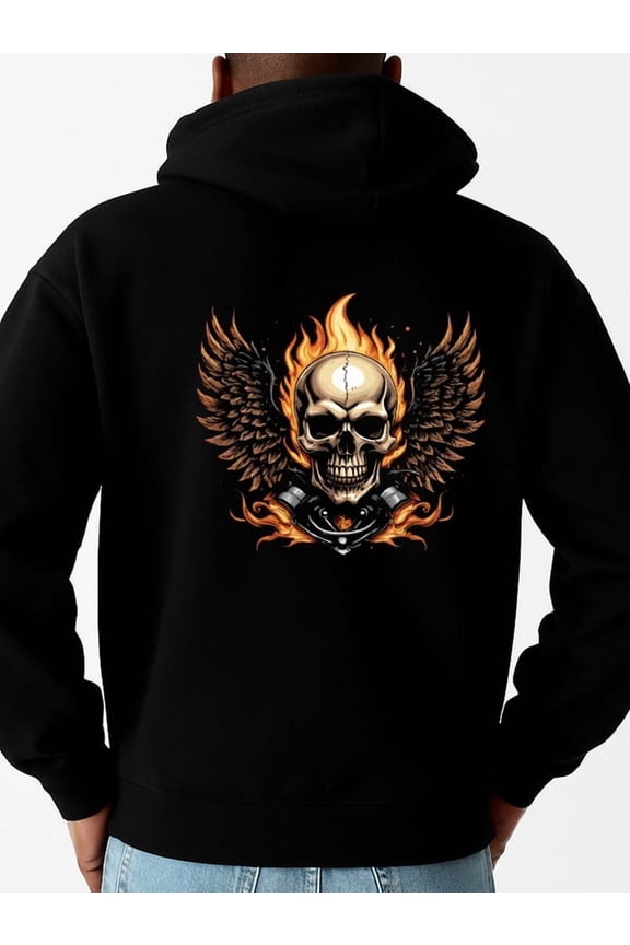 Flaming Skull Wings hoodies fire skeleton men's sweater hoodie black Drawstring Comfortable Oversized Hooded Pullover Sweatshirt gift idk fire Classic Unisex Shirt Graphic Tee tshirts