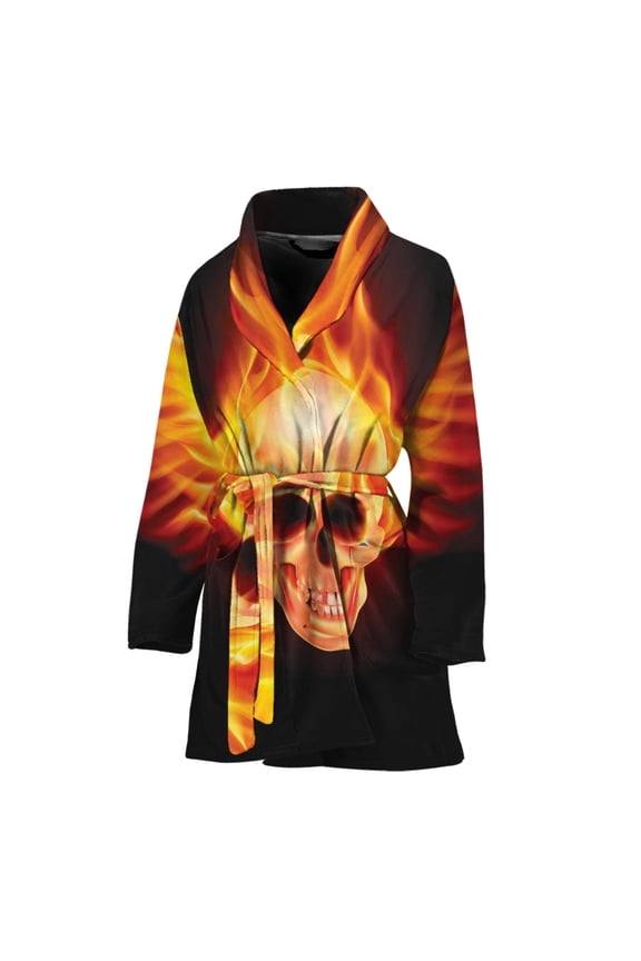 Flaming Skull With Fire Wings Women Bathrobe One Size Univeral Fits, Skull Lover Gifts Fashion Lightweight Plush Fleece Long Robe For Women
