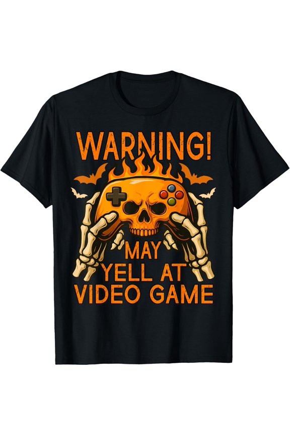 Flaming Skull With Hands Controller Halloween Gamer Gaming T-Shirt