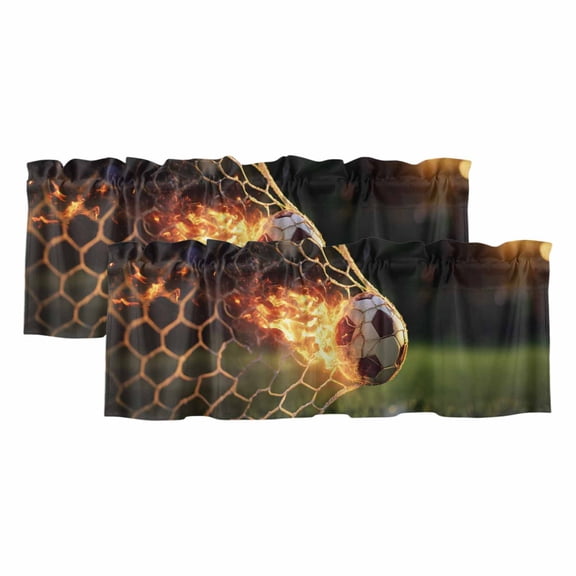 Flaming Soccer 2 Panels Kitchen Valance, Art Goal Net Powerful Fire Orange Grass Green Curtains Valances for Small Windows Rod Pocket Window Treatments for Living Room Bedroom 42"W x 12"L