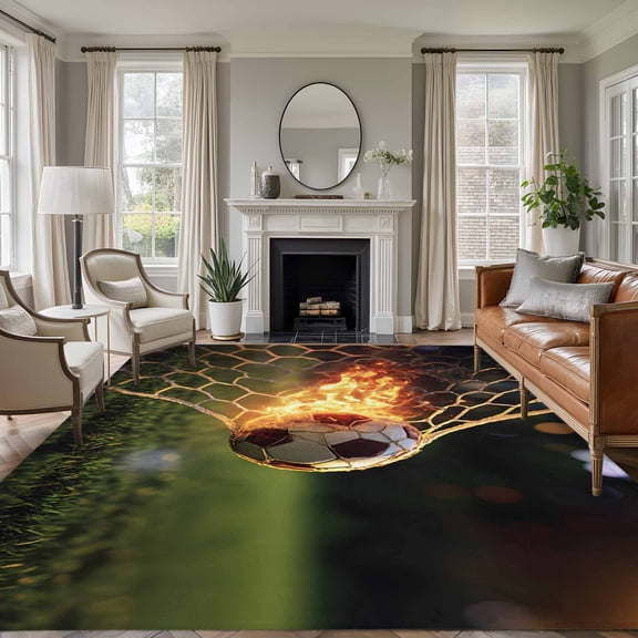 Flaming Soccer 6'x9' Large Area Rugs Art Goal Net Powerful Fire Orange Grass Green Washable Area Rugs Non-Slip Indoor Floor Mats Large Carpet for Living Room Bedroom Dining Room