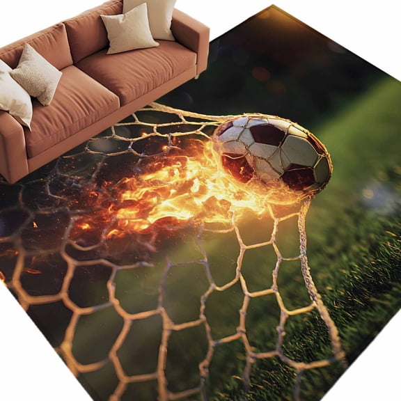 Flaming Soccer Area Rug 8x10 Washable Rug Non Slip Goal Net Powerful Fire Orange Grass Green Large Area Rug Soft Stainresistant Indoor Carpet for Living Room Bedroom Home Office Dining Room Nursery