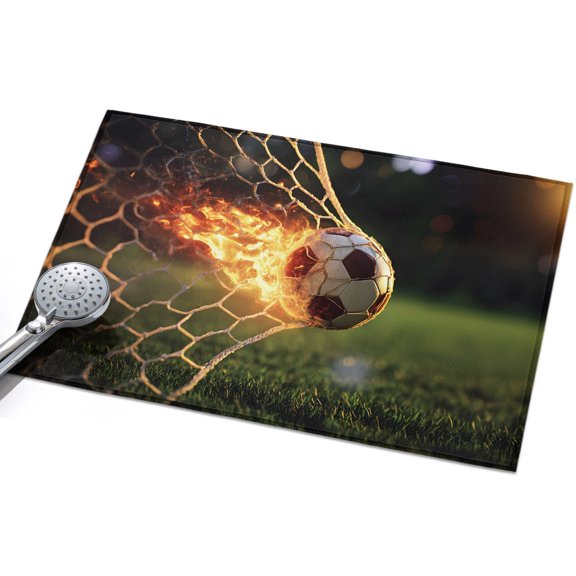 Flaming Soccer Area Rugs 2x3ft Art Goal Net Powerful Fire Orange Grass Green Floor Rug Non Slip Low Pile Ultra Soft Throw Carpet for Entryway Indoor Entrance Kitchen Bathroom