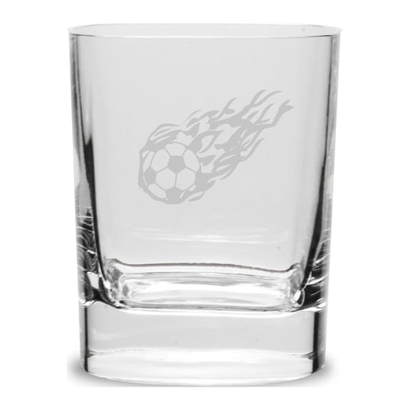 Flaming Soccer Ball 11.75 oz. Deep Etched Double Old Fashioned Glass