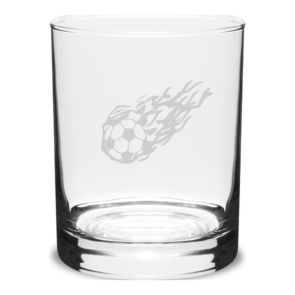 Flaming Soccer Ball 14 oz. Deep Etched Double Old Fashion Glass