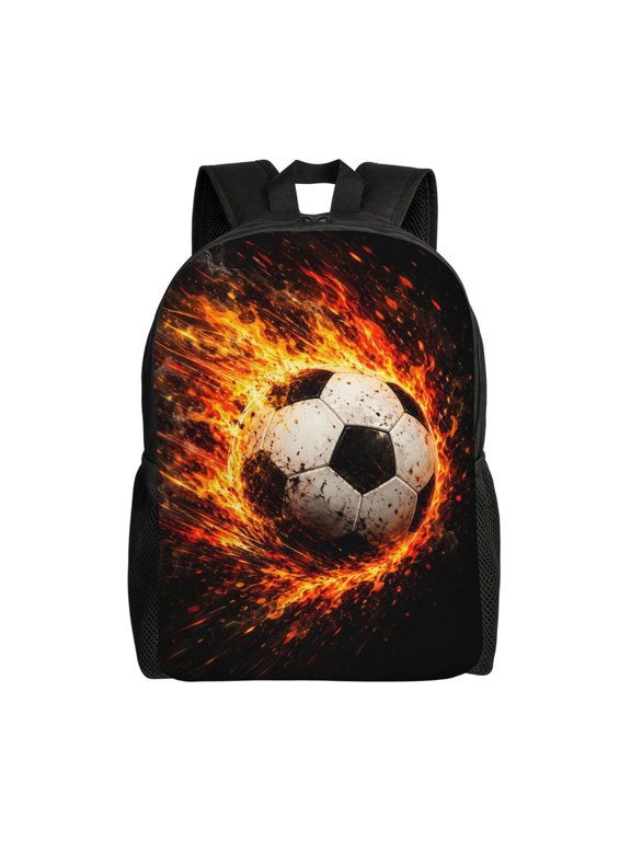 Flaming Soccer Ball Backpack Full Front Print Travel Laptop Bag for Men and Women