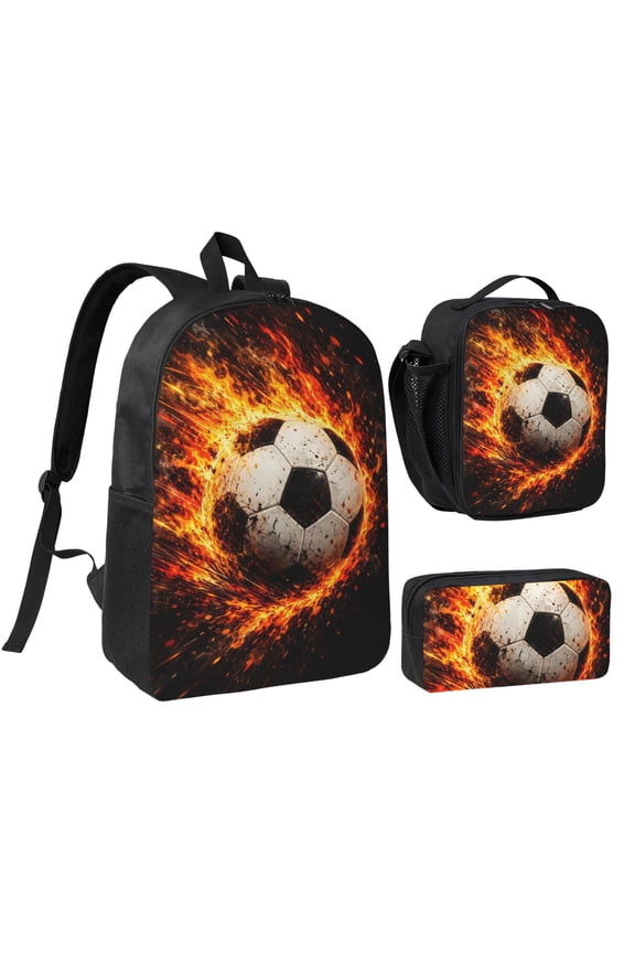 Flaming Soccer Ball Backpack Set 3pc Including Backpack, Lunch Bag and Pen Bag Combination