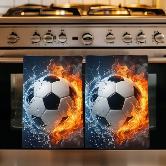 Flaming Soccer Ball Kitchen Towels Set of 1, Sports Modern Abstract Art Footballs Absorbent Dish Towels for Kitchen, Microfiber Hand Towel, Quick Drying Tea Towel for Cleaning Decorative Dishcloths