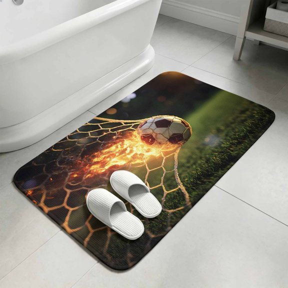Flaming Soccer Bathroom Rugs Non Slip Washable Bath Mat Absorbent Front Door Mat Goal Net Powerful Fire Orange Grass Green Indoor Doormat for Kitchen Entryway Shower Decor Accessories 15.7"x23.6"