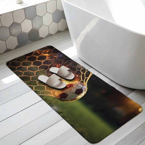 Flaming Soccer Bathroom Runner Rugs Non Slip Washable Absorbent Narrow Long Bath Mat Goal Net Powerful Fire Orange Grass Green Runner Rugs for Kitchen Hallway Bedroom Laundry Study Room 19.7"x63"