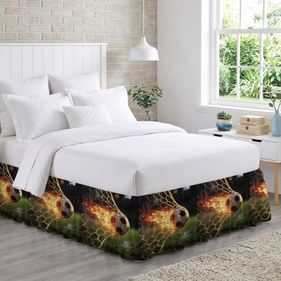 Flaming Soccer Bed Skirt California King Size 18 Inch Drop, Art Goal Net Powerful Fire Orange Grass Green Adjustable Elastic Dust Ruffles Bedskirt Wrap Around Pleated Mattress Frame Cover
