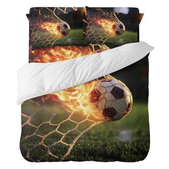 Flaming Soccer Bedding Duvet Cover Set California King Size 4 Pieces, Art Goal Net Powerful Fire Orange Grass Green Bedding Set, 1 Comforter Cover 96x104 Inches 1 Flat Sheet & 2 Pillow Cases