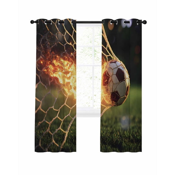 Flaming Soccer Blackout Curtains for Bedroom Living Room, Art Goal Net Powerful Fire Orange Grass Green 84 In Long Thermal Insulated Room Darkening Drapes Grommet Window Treatments, 42 x 84 In