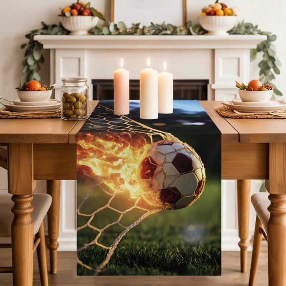Flaming Soccer Dining Table Runner, Art Goal Net Powerful Fire Orange Grass Green Washable Table Runners Kitchen Coffee Table Center Decor for Home Party Holiday Wedding 13 x 36 Inches