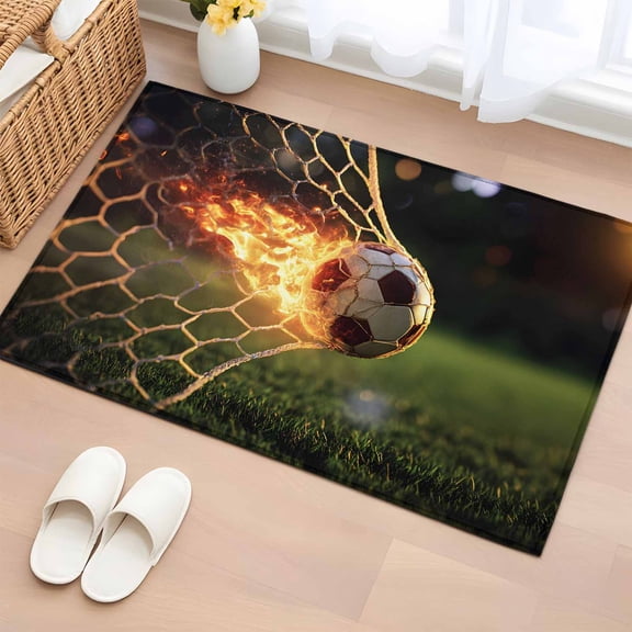 Flaming Soccer Entryway Rug 2'x3' Art Goal Net Powerful Fire Orange Grass Green Small Area Rug Non-Slip Front Door Mat Washable Floor Carpet for Indoor Entrance Kitchen Bathroom
