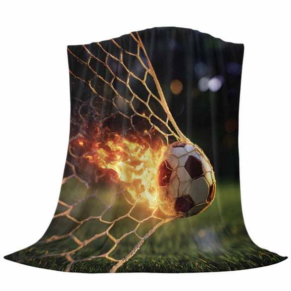 Flaming Soccer Fleece Throw Blanket Art Goal Net Powerful Fire Orange Grass Green Ultra Soft Fuzzy Cozy Flannel Throw Blanket for Couch Sofa Bed Car Travel, Ideal Gifts 50x80 Inches