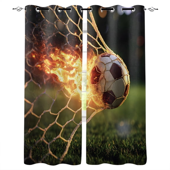 Flaming Soccer Kitchen Curtains Goal Net Powerful Fire Orange Grass Green Cafe Short Curtains for Bathroom Blackout Window Curtain Small Window Tier Drapes for Bedroom Living Room 27.5"x39"x2