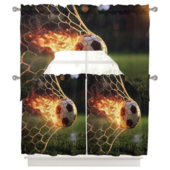 Flaming Soccer Kitchen Curtains Swag Valance and Tier Curtains Set 36 Inch Length, Goal Net Powerful Fire Orange Grass Green Rod Pocket Drape Panels Pair Swag Curtains for Bathroom/Cafe/Window