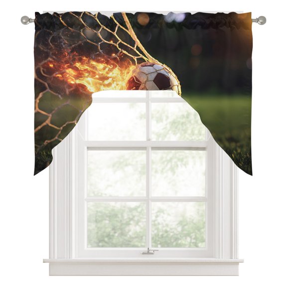 Flaming Soccer Kitchen Curtains Swag Valance for Windows/Bathroom/Cafe, Goal Net Powerful Fire Orange Grass Green Rod Pocket Drape Panel Swag Curtains Valance for Bedroom/Living Room 56"x36"